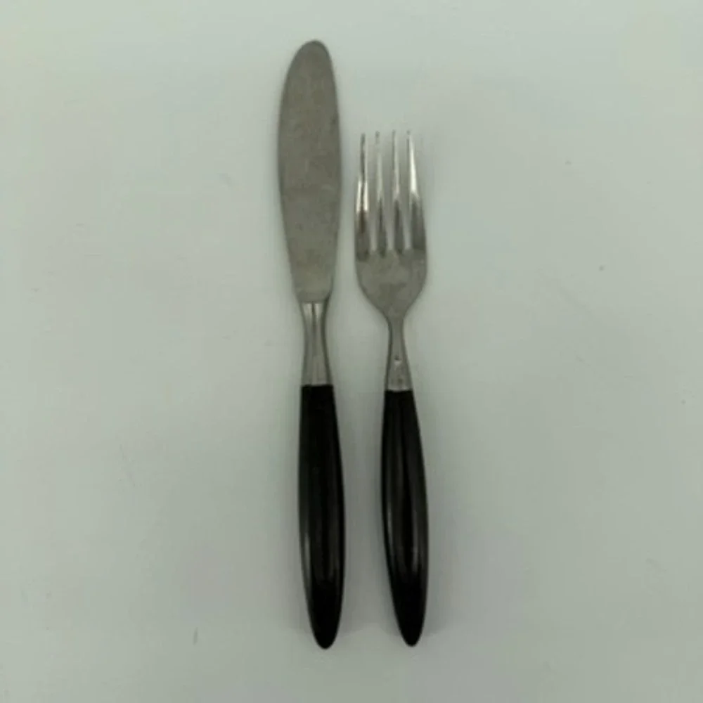 Vintage Formal Japan Stainless MCM Black Tapered Handle Knife and Fork Set 2pc